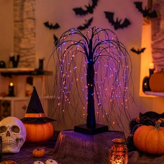 Halloween Black Lighted Willow Tree 21.65" , 8 lighting modes, bendable branches, USB & battery powered, detachable 2-piece for easy storage