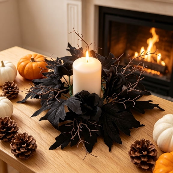 Halloween Black Maple Leaf Candle Ring Wreath Artificial Fall Decor For Tables Centerpiece Mantel Shelf Home