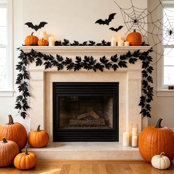 Halloween Black Maple Leaf Garland , 6.5Ft Spooky Foliage Vine Garland for Fireplace Mantel, Staircase Banister, Wall & Front Door, Fall Decorations for Home