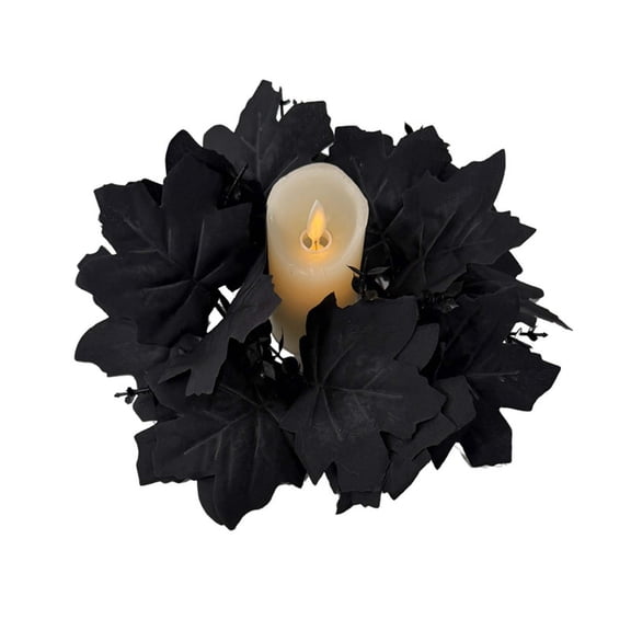 Halloween Black Maple Leaf Wreath Candle Ring, Gothic Artificial Fall Leaves for Halloween Decor, Gothic Home Accents, and Dark Fall Themes