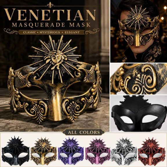 Halloween Black Masquerade Mask Half Face Mask with Ornate Sun Mask Design in Abs Plastic 5.5X6.7 Inch, Decorative Prop for Masquerade Party Adult Unisex Lightweight Durable,