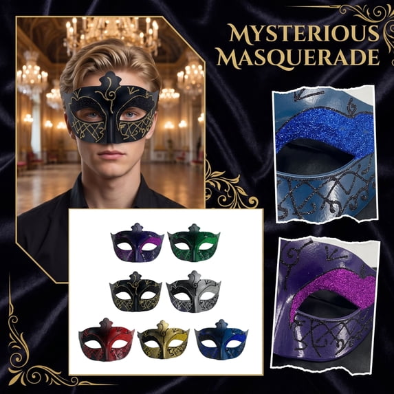 Halloween Black Masquerade Mask for Men, Half Face Mask with Gold Glitter Pattern, Black Eye Mask for Party