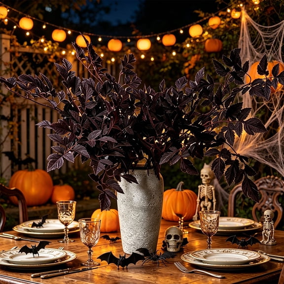 Halloween Black Norfolk Pine Branch Decoration, Flexible Plastic Pine Needles Vines for Dark-Themed Party Decor, House, Table and Window Displays