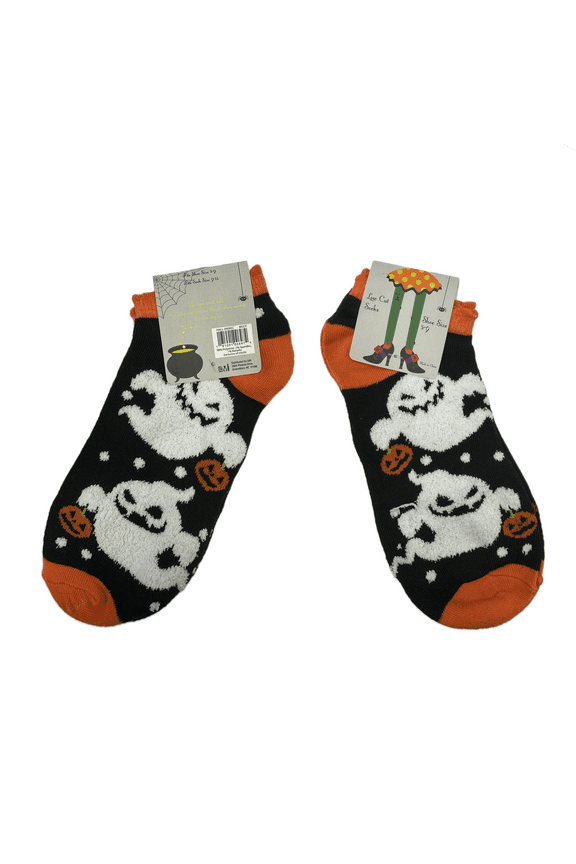 Halloween Black Orange Ghosts Jack-O-Lantern Low Cut Socks, Shoe Size 5-9, Sock Size 9-11