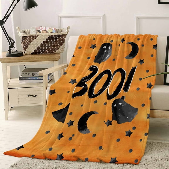 Halloween Black Orange Ghosts Stars Full Moon Night Boo Throw Flannel Blanket 50x60In Super Soft Cozy Bed Blanket, Lightweight Plush Fuzzy Bed Throw for Bedroom Sofa Couch Living Room