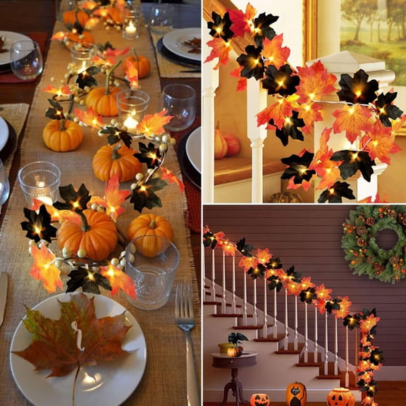 Halloween Black & Orange Maple Leaf Vine Lights – 70in Plastic Rattan with LEDs for Mantel, Doorframe, Party Backdrop, Spooky Holiday Decor, 1 Pack