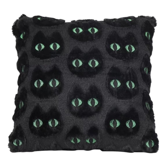 Halloween Black Pillow Cover 40x40cm, Embroidered Spooky Ghost Face Cushion Case Reversible, Fuzzy Soft Throw Pillowcase for Couch Sofa Fall Holiday Decor