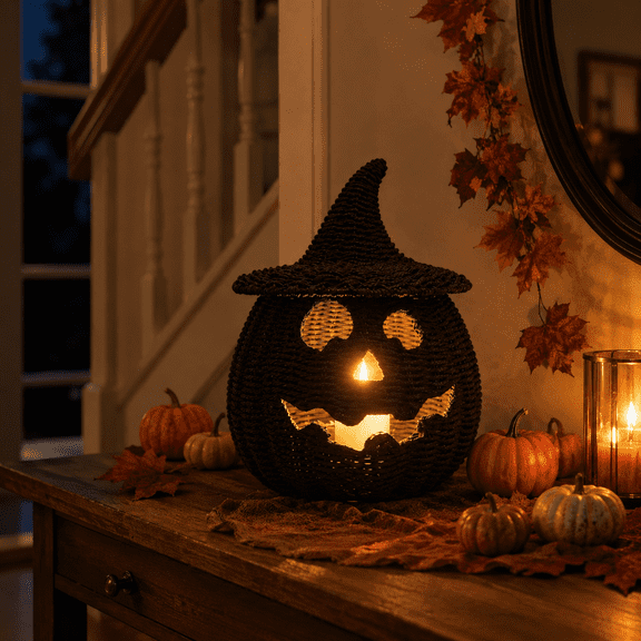 Halloween Black Pumpkin Basket with Lid, Cotton Linen Woven Look Storage Ornament, Tabletop Decor for Mantel Coffee Table Fall Home Display