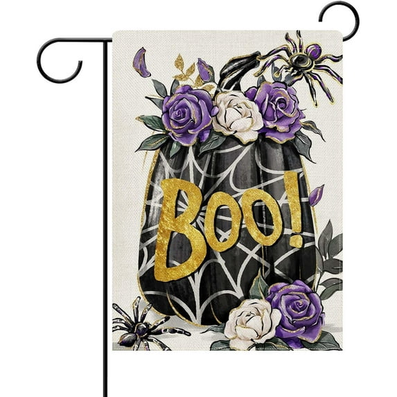 Halloween Black Pumpkin Boo Decorative Garden Flag, Purple Rose Flower Spider Web Yard Outside Home Decorations, Funny Holiday Burlap Outdoor Small Decor Double Sided 12 x 18