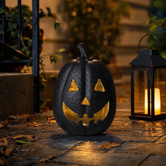 Halloween Black Pumpkin Lantern Tabletop Decoration, 9" Handmade Resin Pumpkin Lantern Candle Holder, Scary Carved Face, Holds Taper Candles, Indoor/Outdoor Decor, Spooky Black Finish
