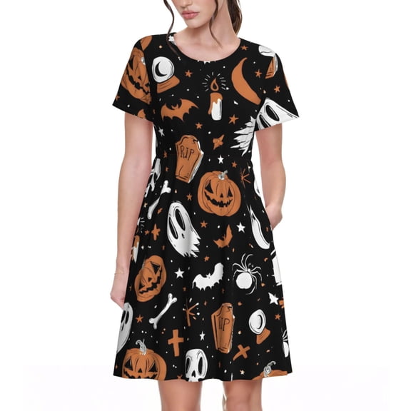 Halloween Black Pumpkin Skull Ghost Women's Dresses Short Sleeve Nightdresses for Summer