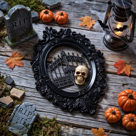 Halloween Black Resin Photo Frame Prop 4.7 Inch, Mini Empty Display Frame for Party Decor, Photography Background Prop, Gothic Tabletop Ornament