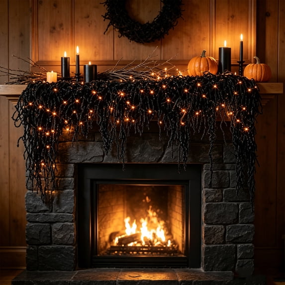 Halloween Black Rope Garland, 4 FT Cloth Hanging Rattan Decor with Fringed Strands for Mantels, Doorways, Walls, Gothic Indoor Halloween Party Displays