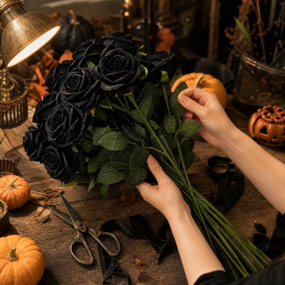 Halloween Black Rose Artificial Flower Decor Faux Gothic Rose Bouquet Home Tabletop Ornament Party Decoration Mantel Shelf Window Spooky Holiday Display Indoor Floral Accent
