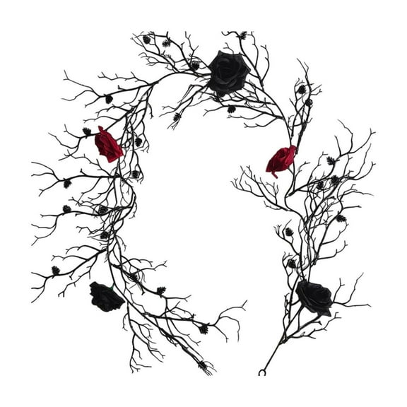 Halloween Black Rose Fake Floral Pine Cone Wall Hanging Ornaments 5.7FT, Artificial Vine Black Branch for Front Door Vine Decor Garland, Black Branches Mantle Decoration