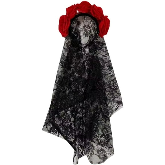 Halloween Black Rose Flower Veil Headband Women Dark Mexican Crown for Wedding Party