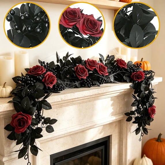 Halloween Black Rose Garland 78.7 In Gothic Artificial Vine with Red Roses and Berries Spooky Season Mantel Door Decor for Home Party