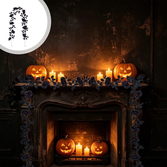 Halloween Black Rose Garland Artificial Flower Decor Plastic Vine Garland for Seasonal Holiday Decorations Mantel Doorway Staircase Party Backdrop Spooky Decor