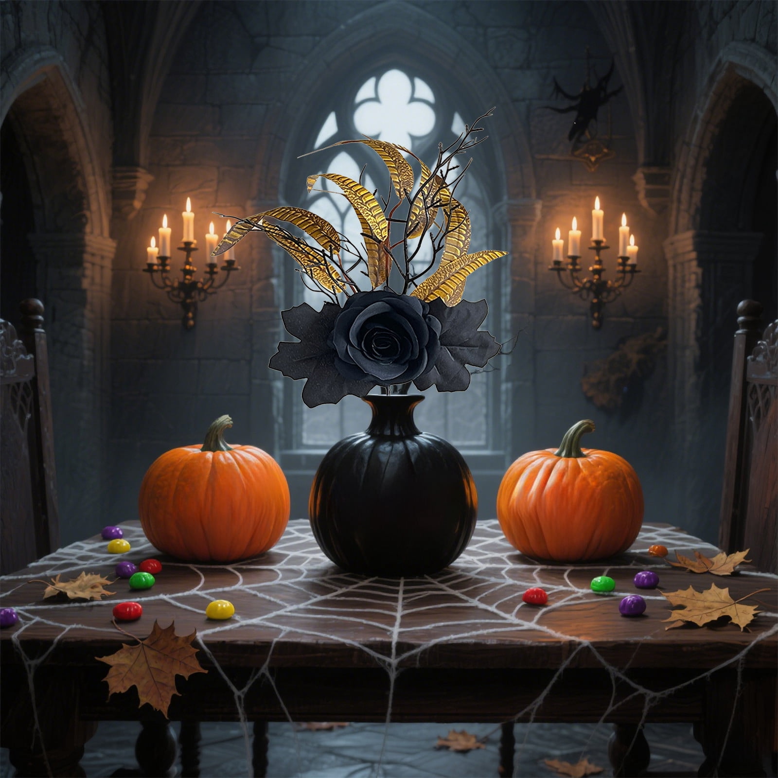 Spooky Roses Halloween Black Rose Pumpkin Bouquet, Artificial Maple Leaf and Pumpkin ...