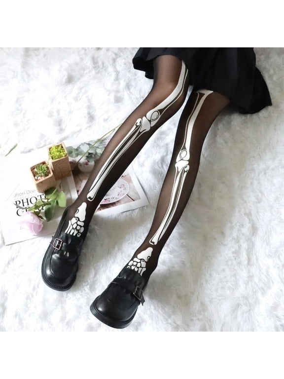 Halloween Black Skull Print Tights Stockings Sexy Women Pantyhose Leggings for Cosplay Club Party Harajuku Style Accessories