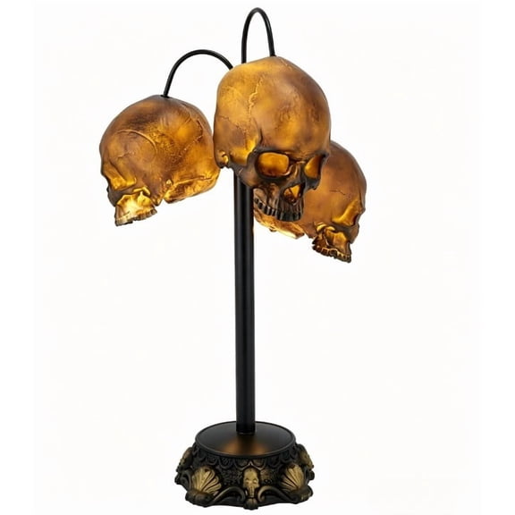 Halloween Black Skulls Lamp, Gothic Halloween Tabletop Light with Three Skull Accent, Warm White LED Illumination, Battery Operated Base, 6 Hour Timer for Counter, Mantel, Desk, Shelf Display