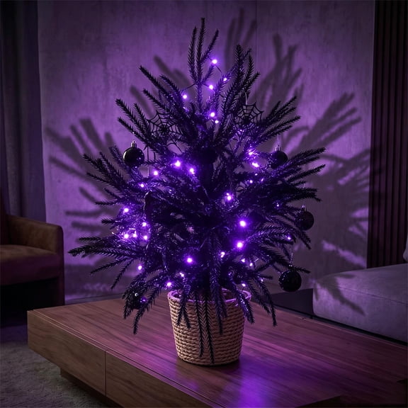 Halloween Black Soft Rubber Pine Needle Tree, Spooky Mini Tabletop Christmas Tree Ornament, Summer Pre-Holiday Decor for Indoor Desk, Shelf, Table and Gothic Home Decoration, Black