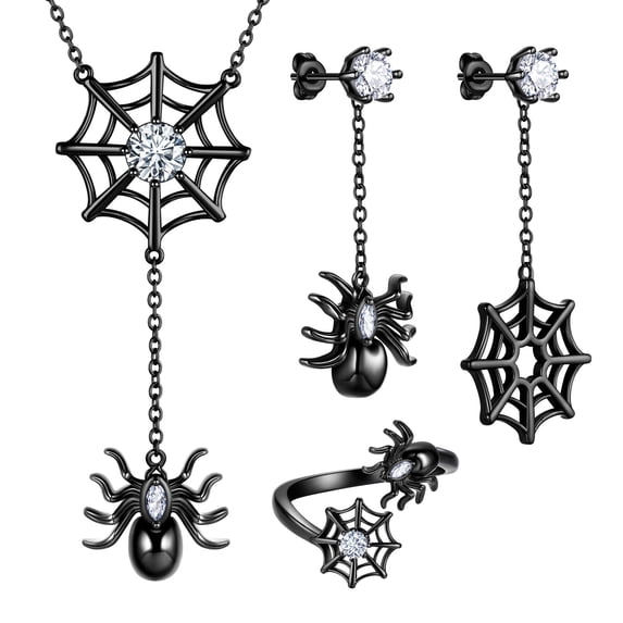 Halloween Black Spider Jewelry Set Necklace/Earrings/Ring, Gothic Statement Cosplay Party Jewelry Gift for Women Men