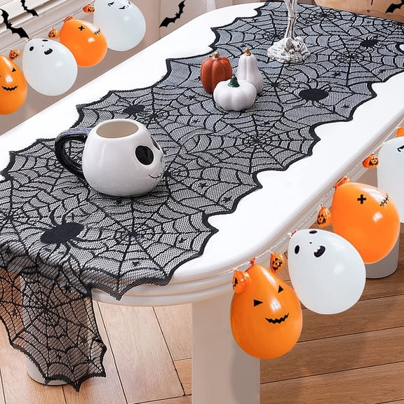 Halloween Black Spider Web Lace Table Runner, Gothic Spooky Spider Web Mesh Table cloth, Halloween Home Indoor Decorations