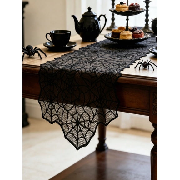 Halloween Black Spider Web Lace Table Runner, Scalloped Edge Sheer Table Runner, Gothic Spiderweb Table Decor for Dinner Party Mantel Home Halloween Decorations