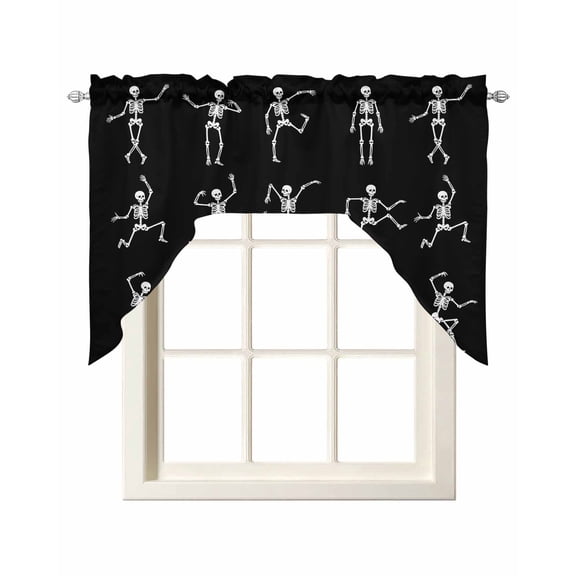 Halloween Black Swag Valances for Windows, Small Curtains Drapes, Abstract Dancing Skull Skeletons Kitchen Window Curtains Over Sink Rod Pocket Window Treatment Valance for Bedroom/Bathroom 56"x36"