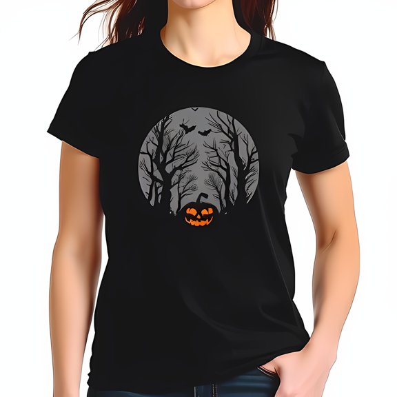 Halloween Black T-Shirt with Full Moon Bats Leafless Trees & Grinning