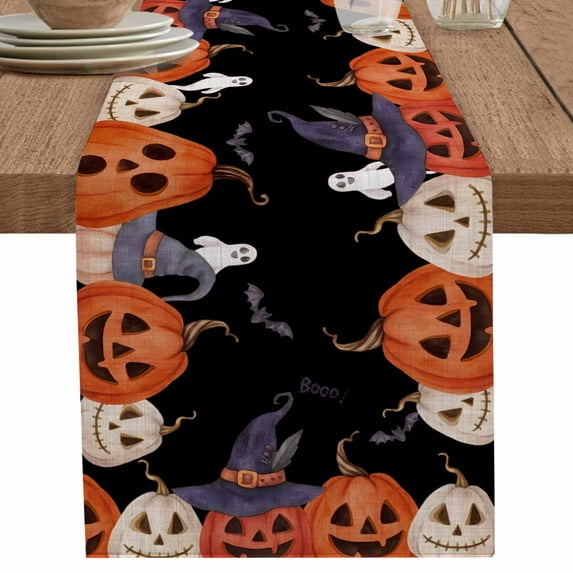 Halloween Black Table Runner 108 Inches Long for Dining Table Decor,Ghost Bat Pumpkin Trick Or Treat Burlap Linen Farmhouse Table Runner Coffee Table Runners Dresser Scarf for Kitchen Party Holiday