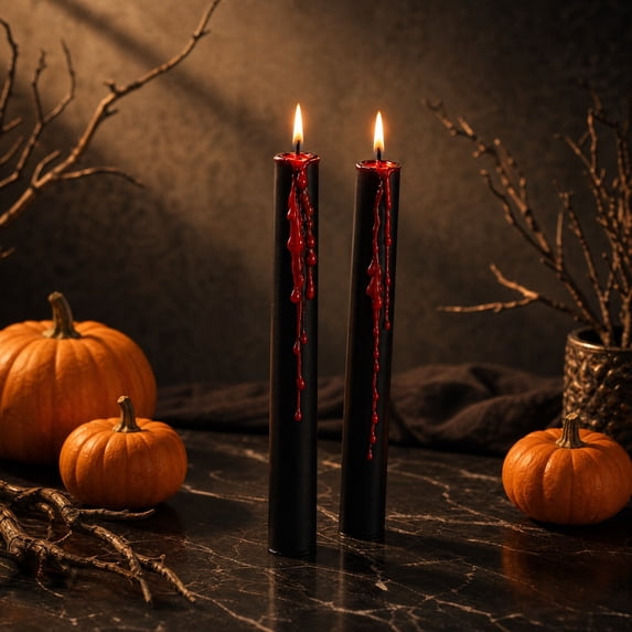 Halloween Black Taper Candles with Red Drip Wax, Gothic Spooky Decorative Candles, for Halloween Party, Dinner Table Decoration, 2pc