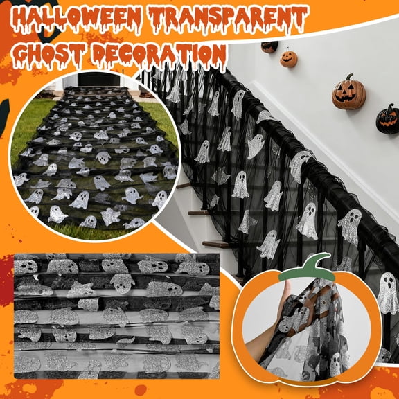 Halloween Black Tulle Fabric with Glitter Ghost Cutouts, 59" x 39" Creepy Gauze Cloth for Stair Railings, Yard, Haunted House Decor