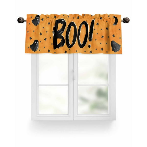 Halloween Black Valances for Windows Orange Ghosts Stars Full Moon Night Boo Valance Rod Pocket Light Filtering Short Window Treatments Curtains for Kitchen Bathroom Living Room Bedroom, 54 x 18 Inch