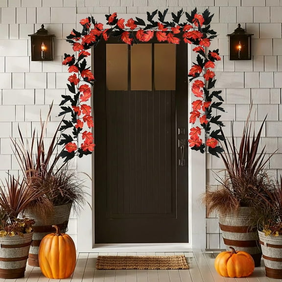 Halloween Black Vine Garland - Artificial Maple Leaf Decorationfor Indoor Holiday Party And Seasonal Green Plant Display