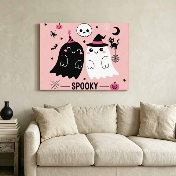 Halloween Black White Ghost Framed Canvas Wall Art Print in USA,Canvas Pictures Painting Prints Cartoon Bat Pumpkin on Pink Wall Artwork for Home Office Living Room Bedroom Decor,36"x24"