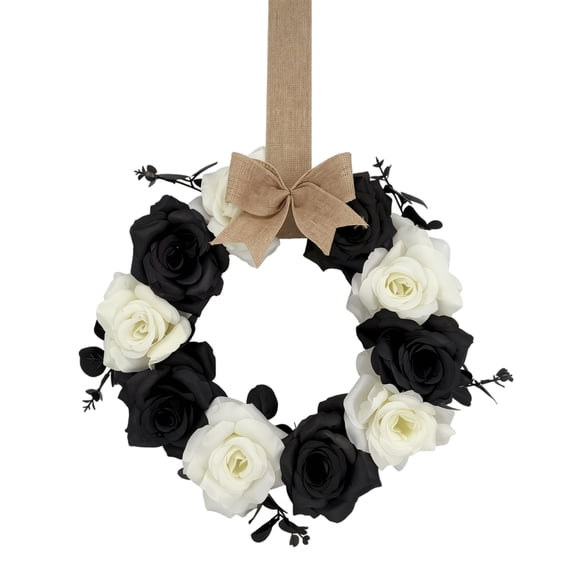 Halloween Black White Rose Wreath, Bowknot Decoration 11.8 Inch Gothic Floral Swag Front Door Wall Hanging Spooky Festive Ornament Holiday Party Window Display white