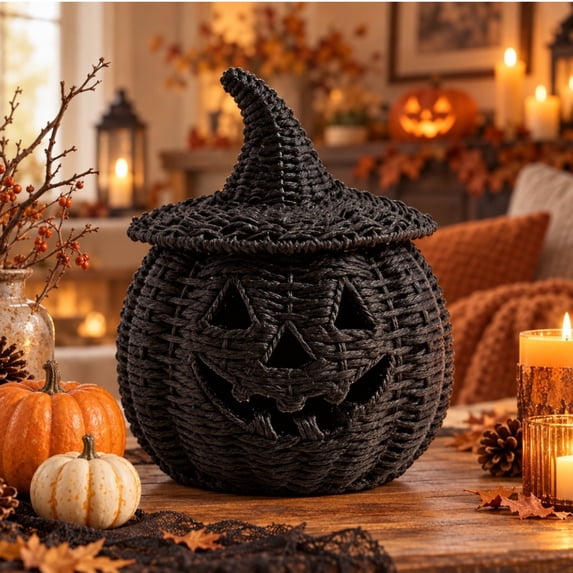 Halloween Black Wicker Pumpkin Basket with Lid,Handmade Pumpkin Storage Basket for Tabletop Shelf Farmhouse Halloween Home Decoration