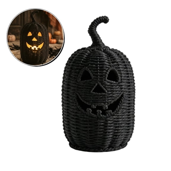 Halloween Black Woven Rattan Pumpkin Night Light, 11.8 Inch Tall Jack-o'-Lantern Lamp with Twisted Vine Stem, Spooky Farmhouse Table Decor for Indoor Halloween Party