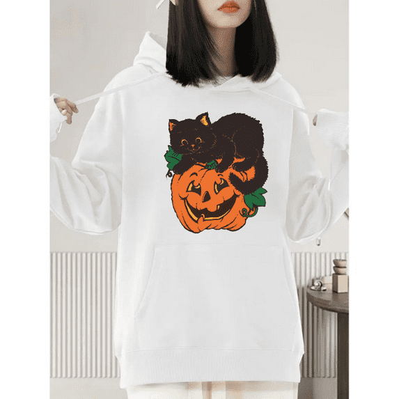 Halloween Black cute Cat Pumpkin T-shirt, hooded long-sleeved top, comfortable and fashionable White S-2XL