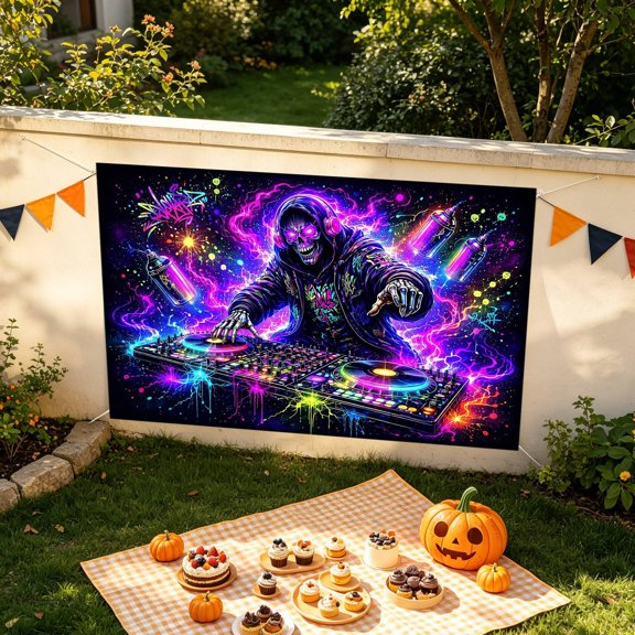 Halloween Blacklight Astronaut DJ Tapestry, Reactive Space Music Wall Hanging, Psychedelic Glow Room Art For Bedroom Dorm Studio
