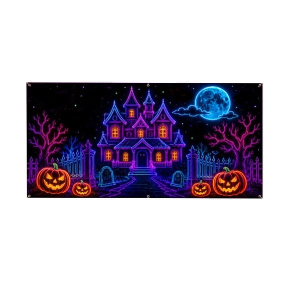 Halloween Blacklight Neon Garage Door Cover, Skull Themed Garage Door Banner, Indoor & Outdoor Halloween Decor, Party Photography Backdrop