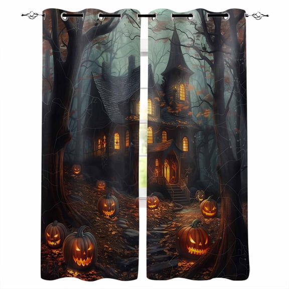 Halloween Blackout Curtains 39 Inches Long, Castle Forest Pumpkin Vintage Bats Cottage Thermal Insulated Black Out Curtains, Short Darkening Window Curtain Drapes for Cafe Bedroom 27.5"x39" 2 Panels