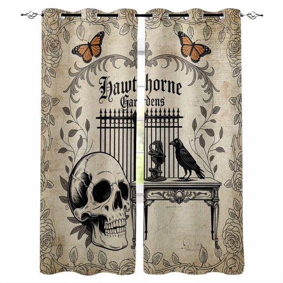 Halloween Blackout Curtains for Bedroom, Horror Skeletons Skull Black Crows Butterfly Thermal Insulated Kitchen Drapes with Grommets, Light Blocking Window Treatment, 2 Panels 42" x 63"