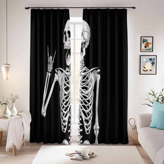 Halloween Blackout Curtains for Bedroom/Living Room, Pinch Pleated Black Out Curtains, Black Scary Skull White Skeleton Vintage Room Darkening Window Drapes with Hooks 2 Panels, 59"x70"