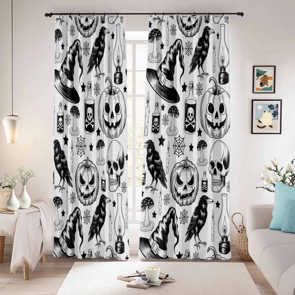 Halloween Blackout Curtains for Bedroom/Living Room, Pinch Pleated Black Out Curtains, Vintage Pumpkin Horror Skull Bones Room Darkening Window Drapes with Hooks 2 Panels, 59"x70"