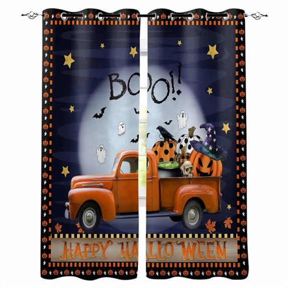Halloween Blackout Curtains for Bedroom, Pumpkins Stars Truck Modern Art Stars Black Thermal Insulated Kitchen Drapes with Grommets, Light Blocking Window Treatment, 2 Panels 27.5" x 39"
