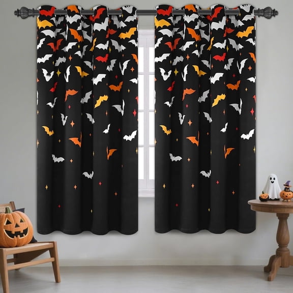 Halloween Blackout Curtains, Black Orange Bats Curtains for Living Room Black Out Curtain Thermal Insulated, Grommet Blackout Drapes for Halloween Decorations, Black 26"W x 45"L (Pack of 2)