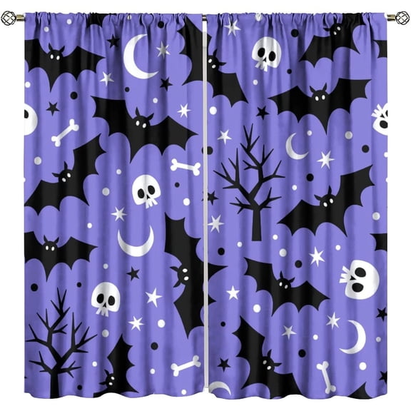 Halloween Blackout Curtains, Gothic Style Black Bat Skull Bone Moon Star Branch Pattern Dark Purple Horror Scary Window Drapes, for Bedroom Living Room 84" W X 84" L